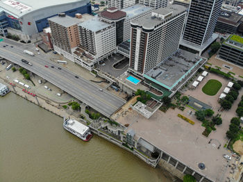 High angle view of street amidst buildings in city