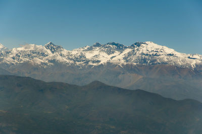 Scenic view of snowcapped mountains against clear sky