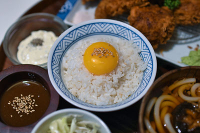 High angle view of breakfast served on table