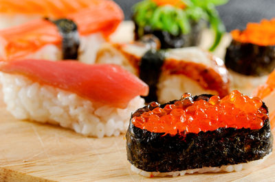 Close-up of sushi served in plate