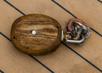 High angle view of eggs on wooden table