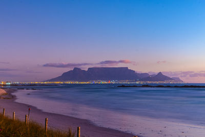 Scenic view of table mountain and sea against sky during sunset 