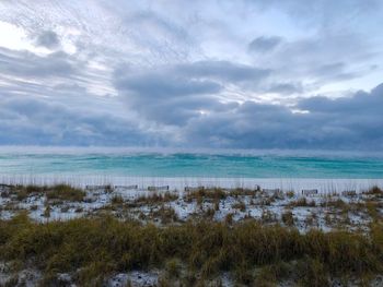 Scenic view of sea against cloudy sky