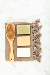 High angle view of beauty products on table