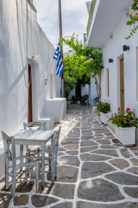 Empty chairs and tables against building