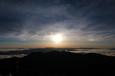 Sun shining through clouds over mountains