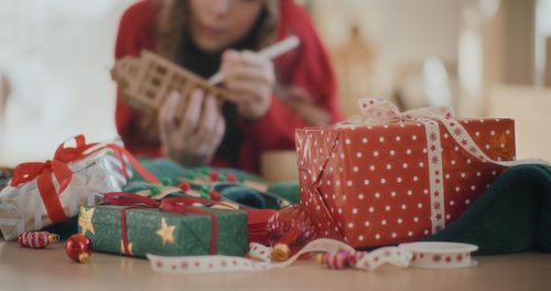 Close-up of christmas presents on table