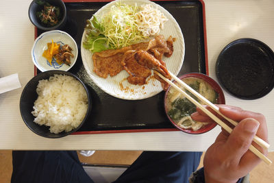 High angle view of meal served on table