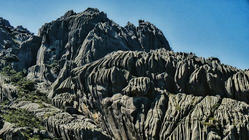 Low angle view of rocky mountains against sky