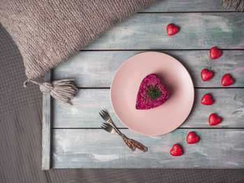 Directly above shot of fruits in plate on table