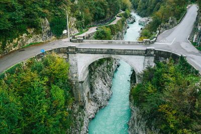 Famous napoleon bridge above soca river in kobarid, slovenia