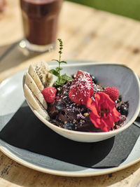 Close-up of strawberries in bowl on table