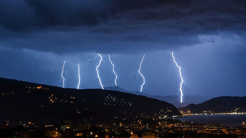 Illuminated cityscape against cloudy sky