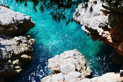 High angle view of rocks in water