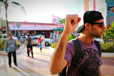 Woman looking at city street
