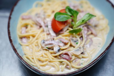 High angle view of pasta in bowl