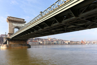 Low angle view of szechenyi chain bridge over river against sky