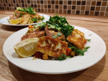 High angle view of food in plate on table