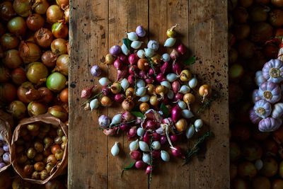 High angle view of grapes in container on table