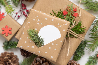 High angle view of christmas tree on table