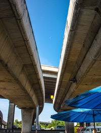 Low angle view of bridge against blue sky