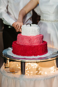 Midsection of woman with cake on table