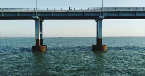 Scenic view of bridge over sea against clear sky