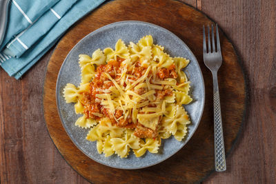 High angle view of food in plate on table