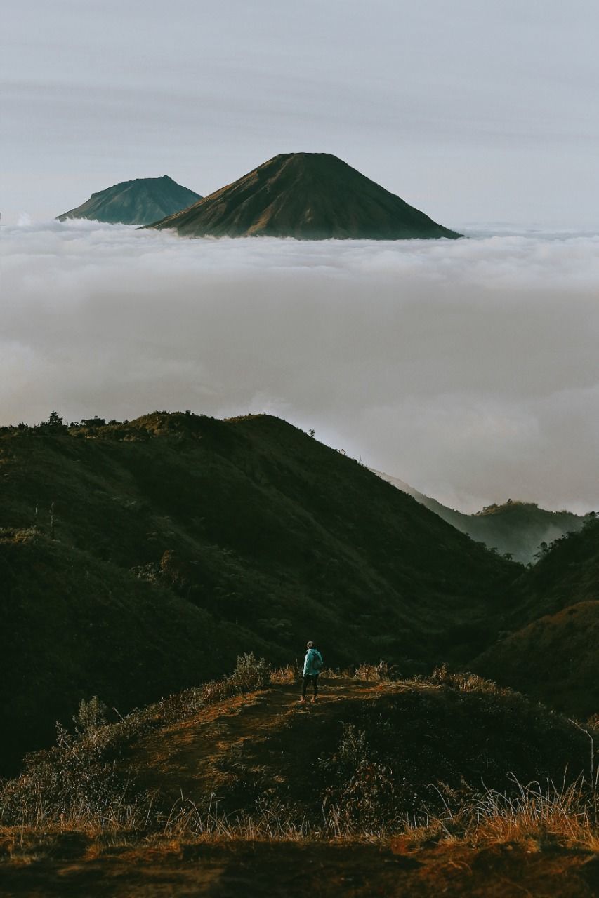 MAN STANDING ON FIELD AGAINST MOUNTAIN RANGE