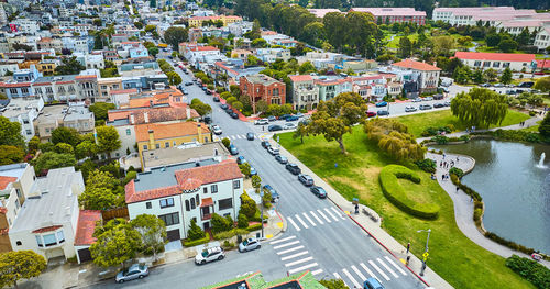 High angle view of buildings in city