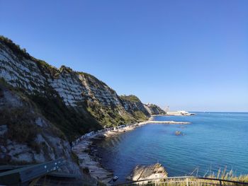 Scenic view of sea against clear blue sky