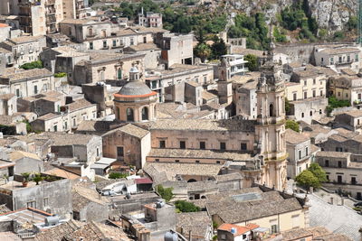 High angle view of buildings in town