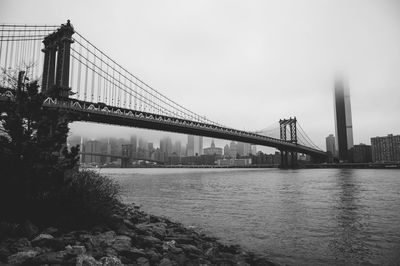 Bridge over river with city in background