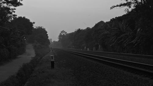 Railroad tracks amidst trees against clear sky