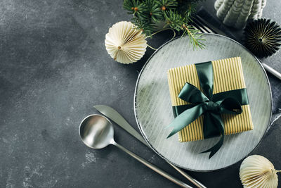 Directly above shot of christmas decorations on table