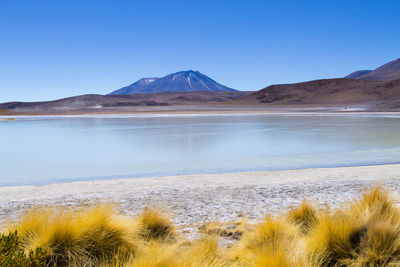 Scenic view of lake and mountains against clear blue sky