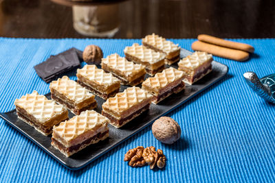 High angle view of cookies in tray on table