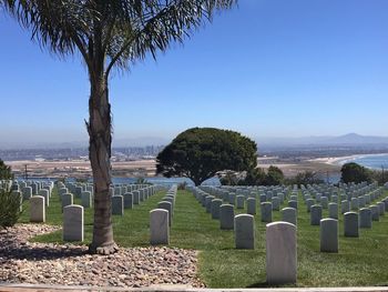 Panoramic view of cemetery against clear blue sky