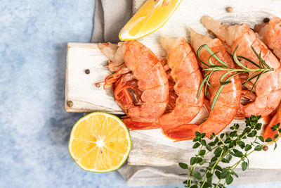 High angle view of fish on table