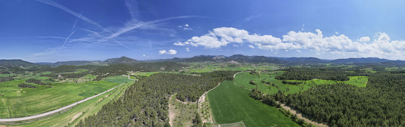 Drone panoramic image of green fields near penyarroya de tastavins in spring time in matarranya 