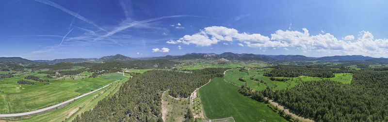 Drone panoramic image of green fields near penyarroya de tastavins in spring time in matarranya 