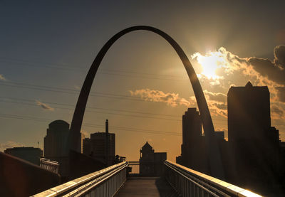 Footbridge against sky during sunset