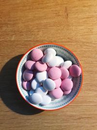 High angle view of eggs in bowl on table