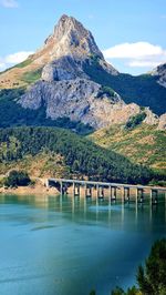 Scenic view of lake by mountains against sky