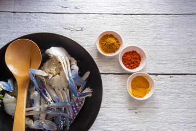 High angle view of breakfast on table