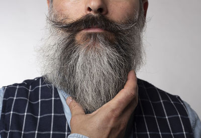 Closed shot of beard of man with pronounced mustache isolated on white background.