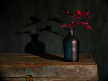 Close-up of red rose on table against wall