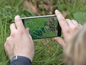 Cropped image of hand holding mobile phone