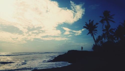 Silhouette palm trees on beach against sky