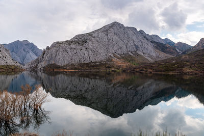 Scenic view of lake and mountains against sky